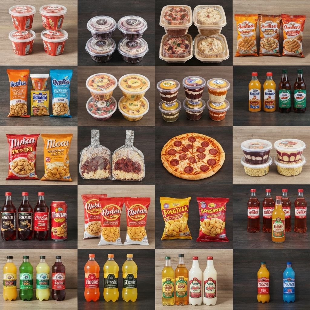 Various food categories including snacks, takeaways, and desserts