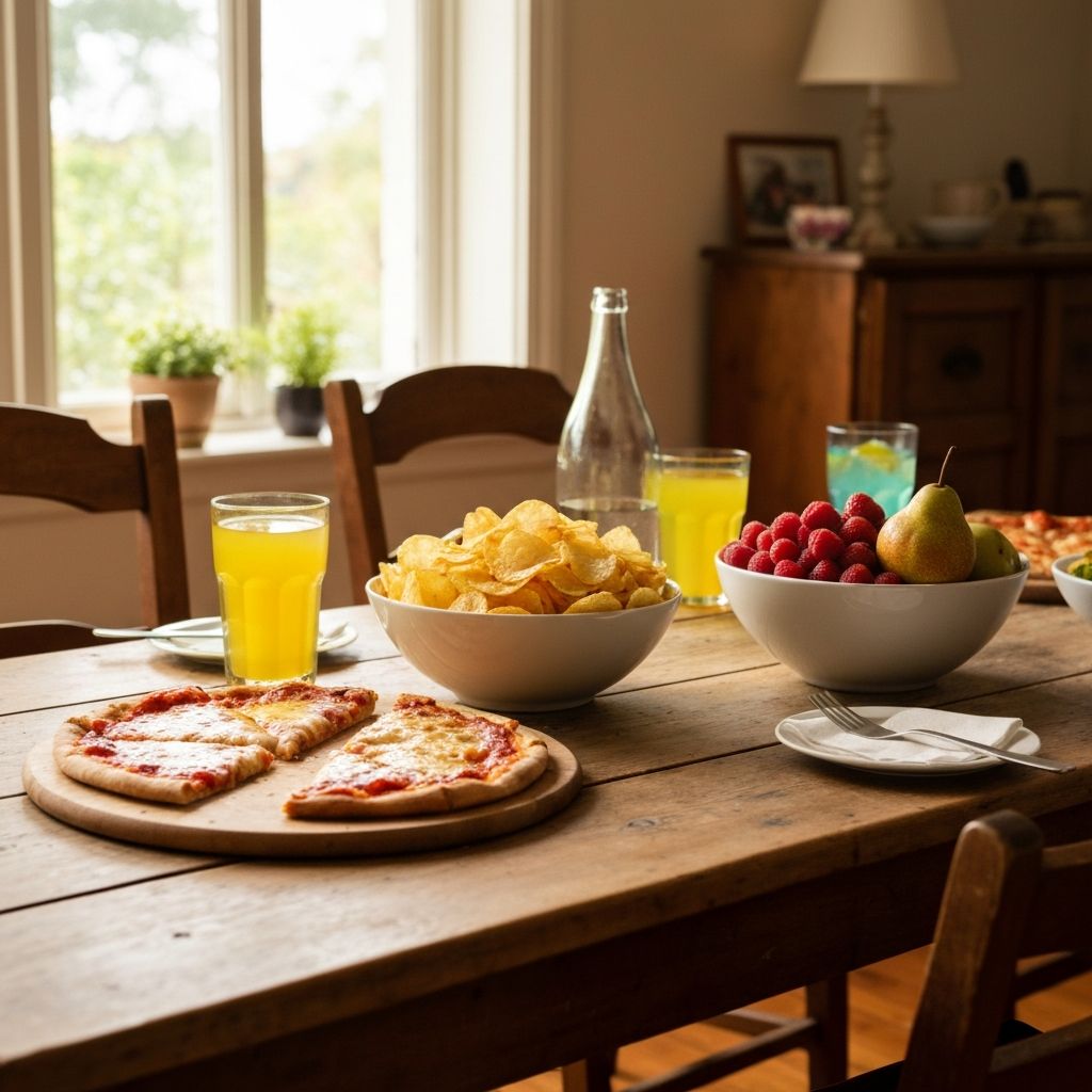 Casual weekend table setting with mixed foods